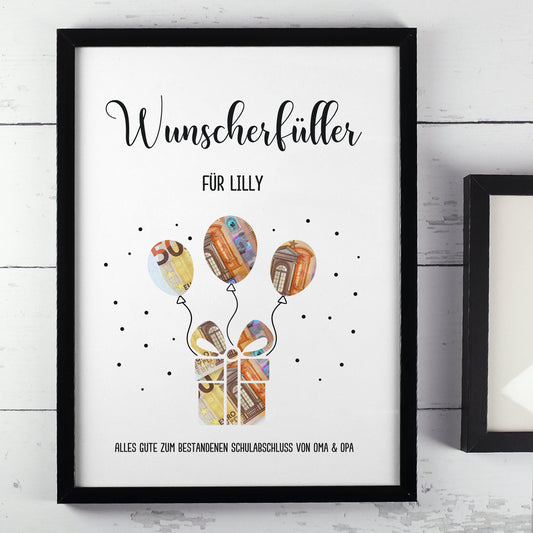 Schwarzer Bilderrahmen mit Ballon-Geldscheinen für Lilly, personalisiert mit Widmung zum Schulabschluss