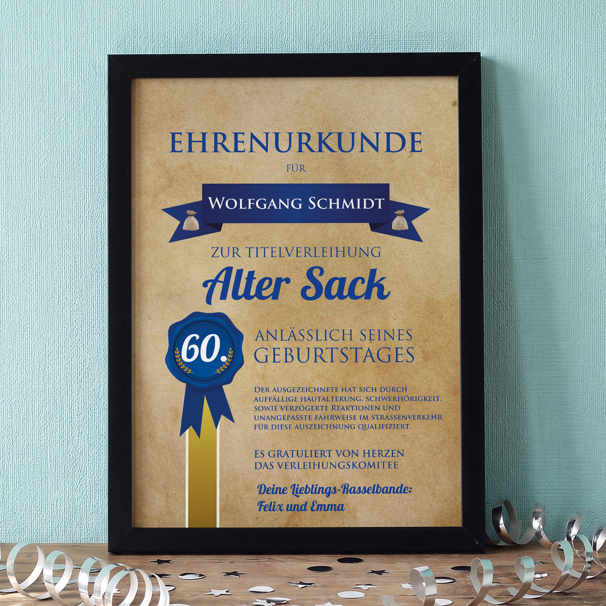 Ehrenurkunde Alter Sack im Bilderrahmen mit Name, Alter und Wunschtext