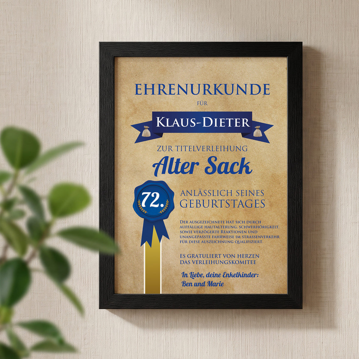 Witzige Urkunde im Bilderrahmen für Alte Säcke mit Name, Alter und Glückwunschtext
