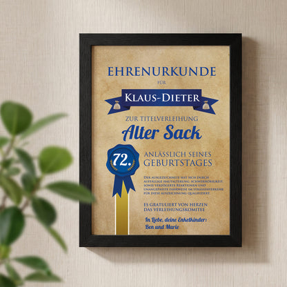 Witzige Urkunde im Bilderrahmen für Alte Säcke mit Name, Alter und Glückwunschtext