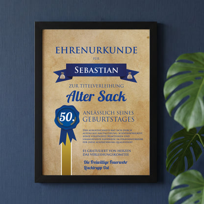Wandbild mit Ehrenurkunde Alter Sack und Name, Alter und Wunschtext bedruckt