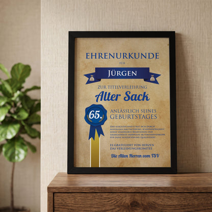 Alter Sack Urkunde für einen besonderen Geburtstag mit Name, Alter und Glückwunschtext