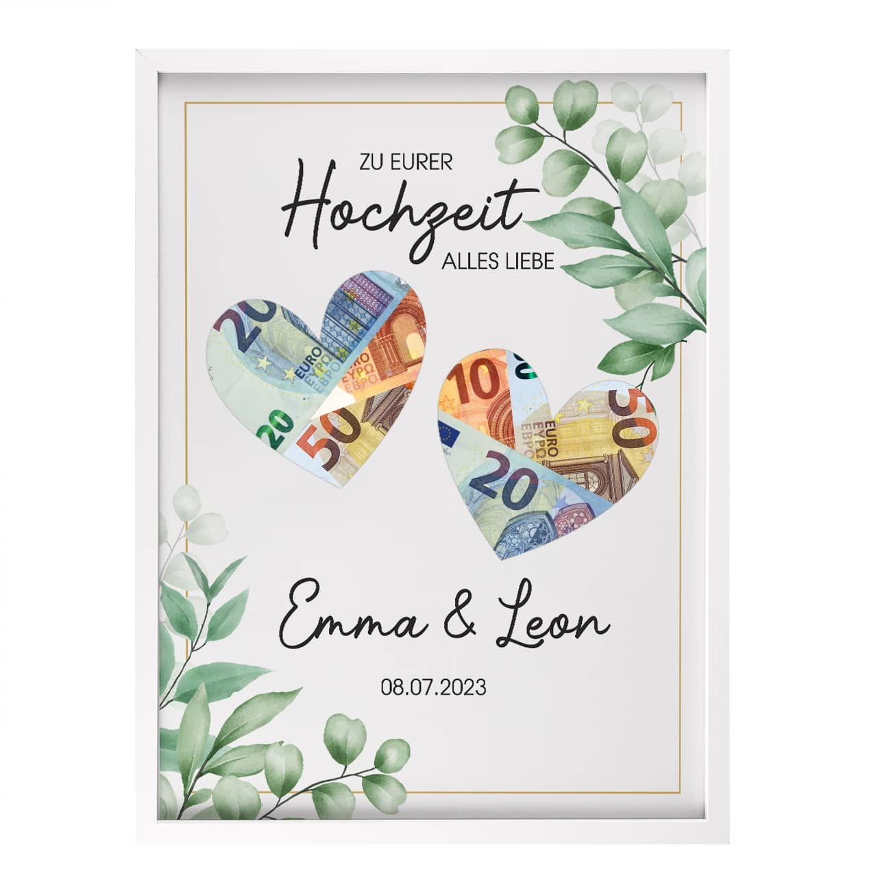 Weißer Bilderrahmen mit Namen und Datum bedruckt