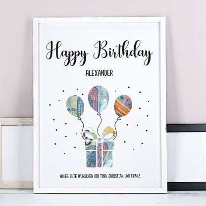 Wunscherfüller im weißen Rahmen mit Motiv „Happy Birthday“ für Alexander, gefüllt mit bunten Geldschein-Ballons