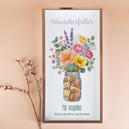 Personalisierter Wunscherfüller Bilderrahmen für Angelika mit Blumen Motiv, Geldschein-Aussparung und Wunschtext zur Rente