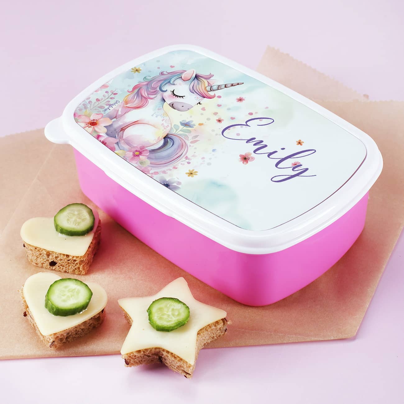 Einhorn Brotdose in pink mit Ihrem Wunschnamen bedruckt