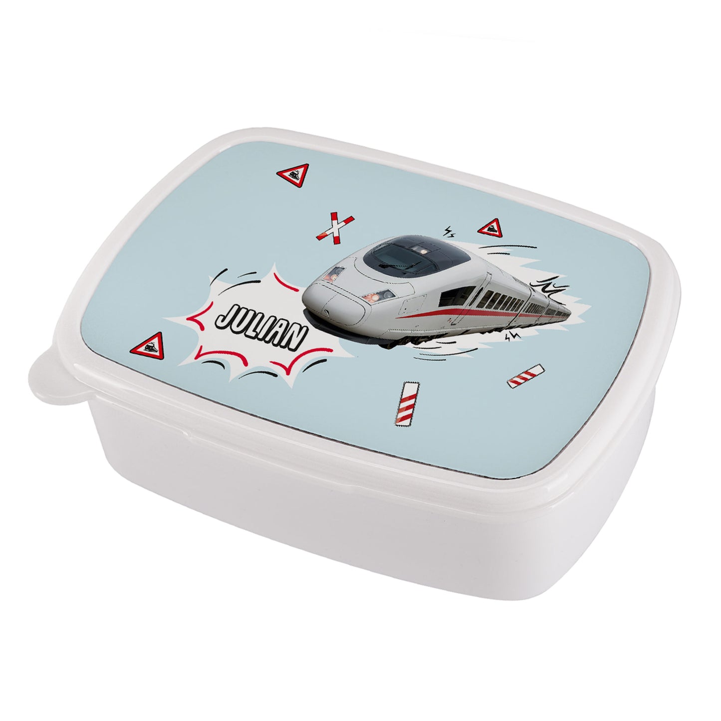 Personalisierte Brotdose für Kinder mit ICE-Motiv und Name „Julian“ – Produktabbildung