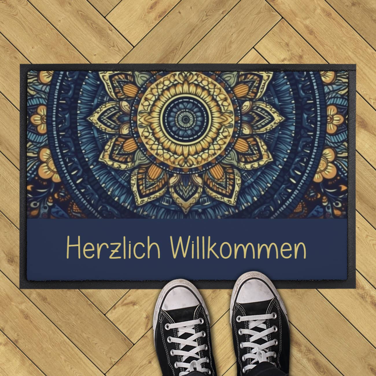 Blaue Fußmatte im Boho-Stil mit Name oder Wunschtext 