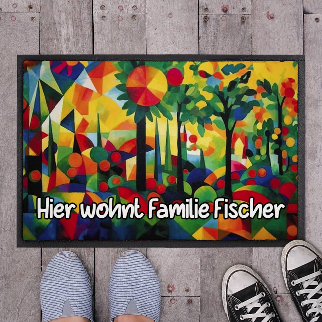 bunte Fußmatte mit Bäumen und Ihrem Wunschtext
