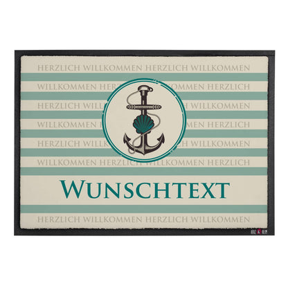 Maritime Fussmatte mit Wunschtext und Herzlich Willkommen Schriftzug