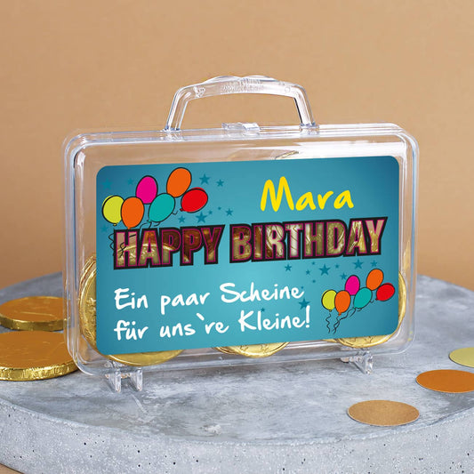 Kleiner Geldkoffer Happy Birthday mit Namen und Glückwunschtext