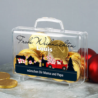 Kleiner Geldkoffer mit Weihnachtsmann und persönlichem Gruß