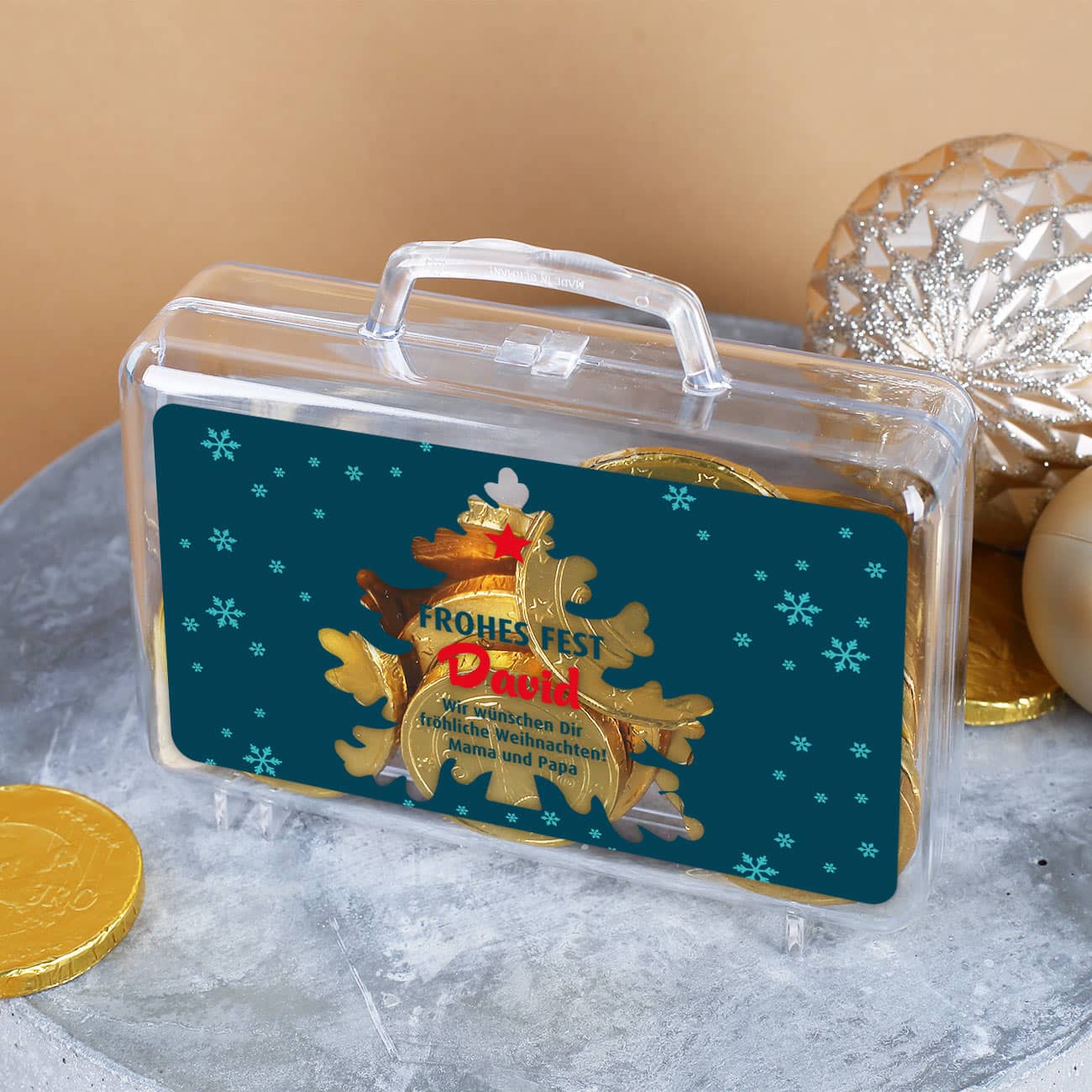 Kleiner Geldkoffer Frohes Fest mit Name und Glückwunschtext