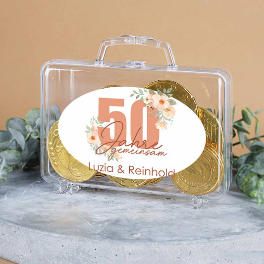 Kleiner Geldkoffer zur goldenen Hochzeit mit Schokogeld und persönlichem Druck