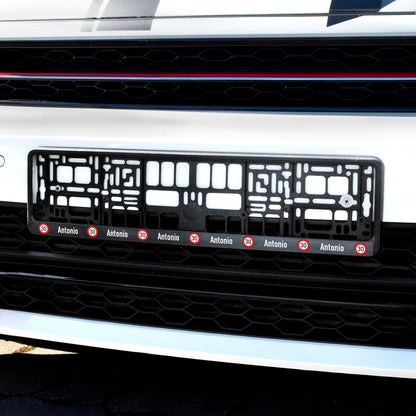 KFZ-Kennzeichenhalter Geburtstag am Auto mit Name Antonio und Alter 30 im Verkehrszeichen-Look