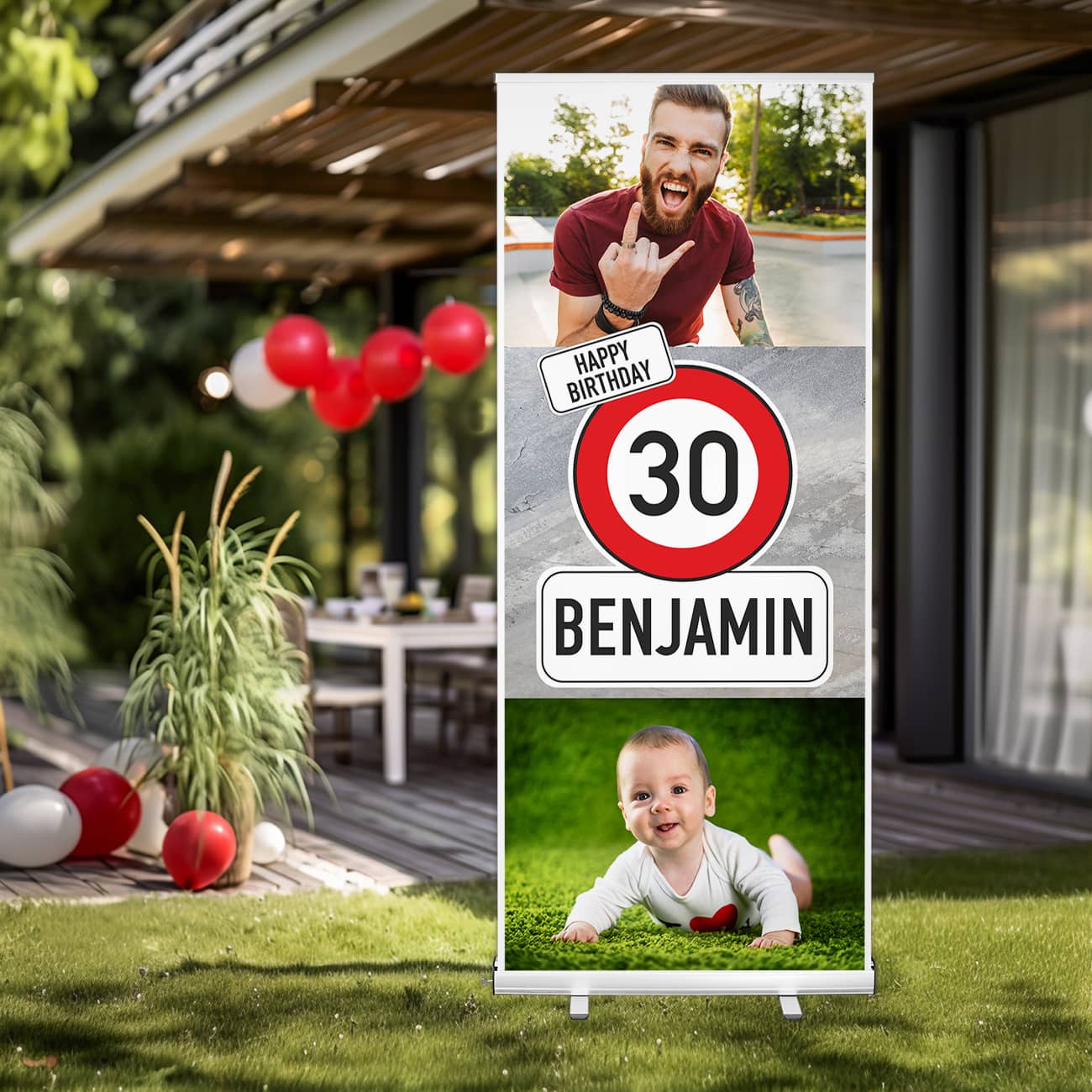 Großer Aufsteller zum Geburtstag mit Verkehrszeichen