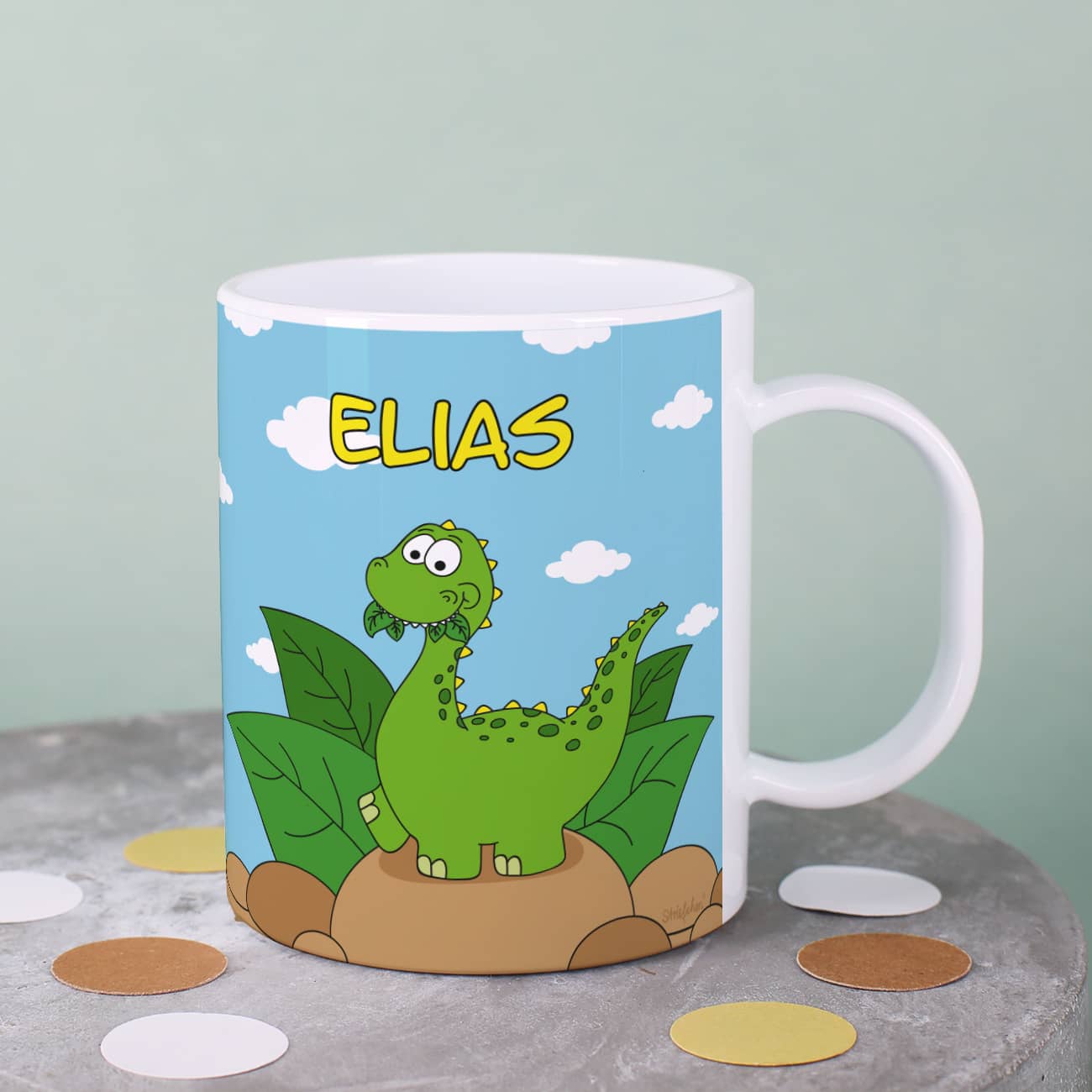 Kunststoff-Melamin-Tasse mit Dino und Name bedruckt