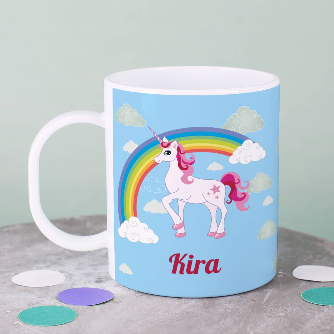 Kunststoff-Tasse mit Einhorn, Regenbogen und Name bedruckt