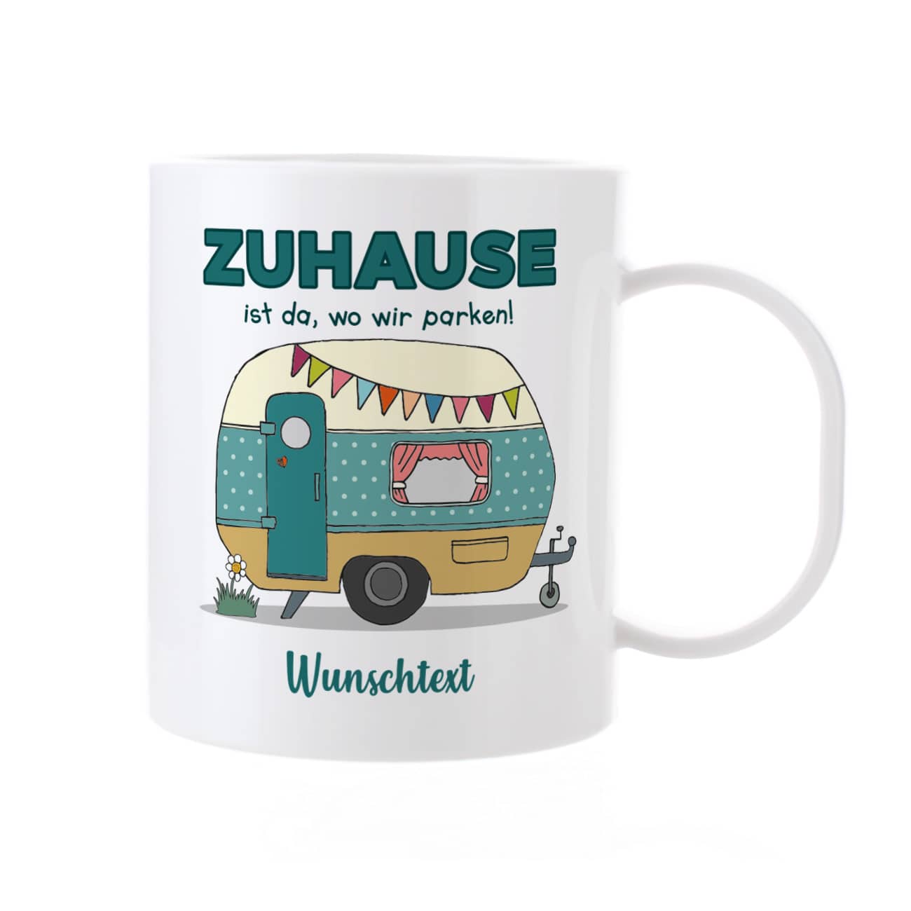 Campingtasse aus Kunststoff mit Wunschtext und Wohnwagen