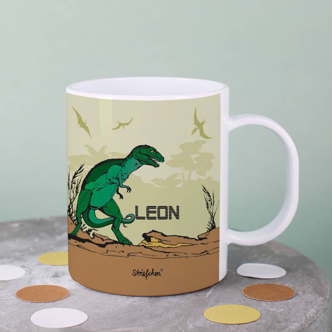 Coole Kindertasse mit Dinosaurier und Name