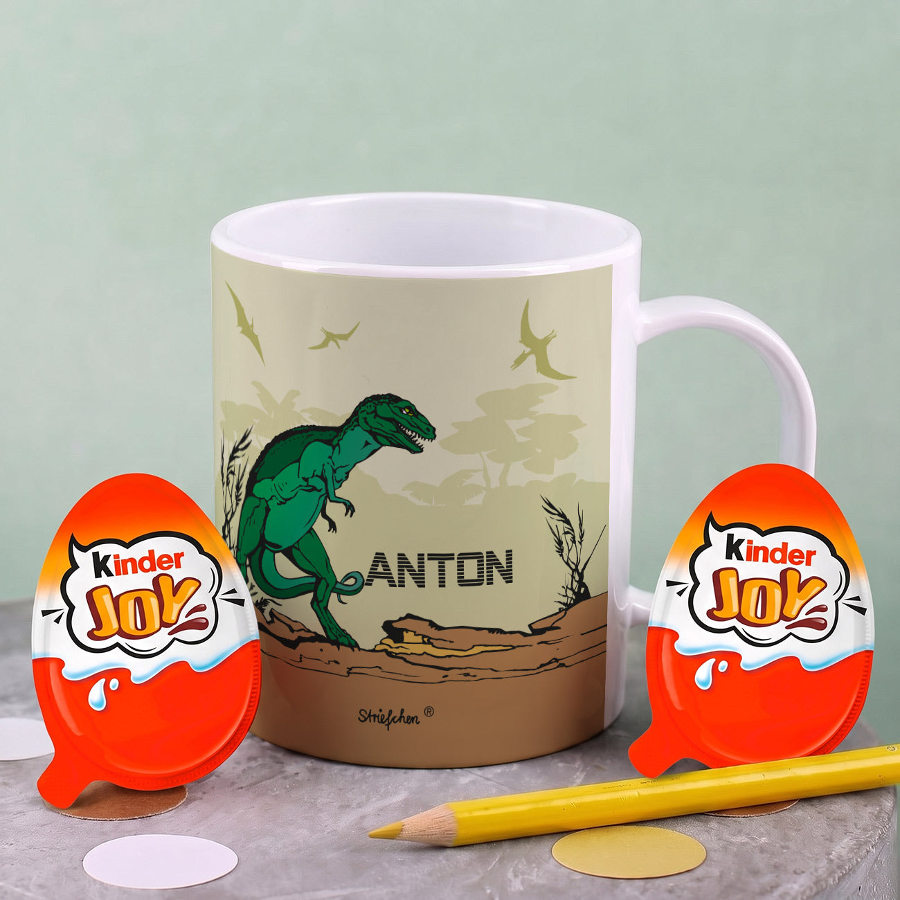 Schöne Kindertasse mit Dinosaurier und Namen des Kindes | Geschenk für Einschulung & Kinder