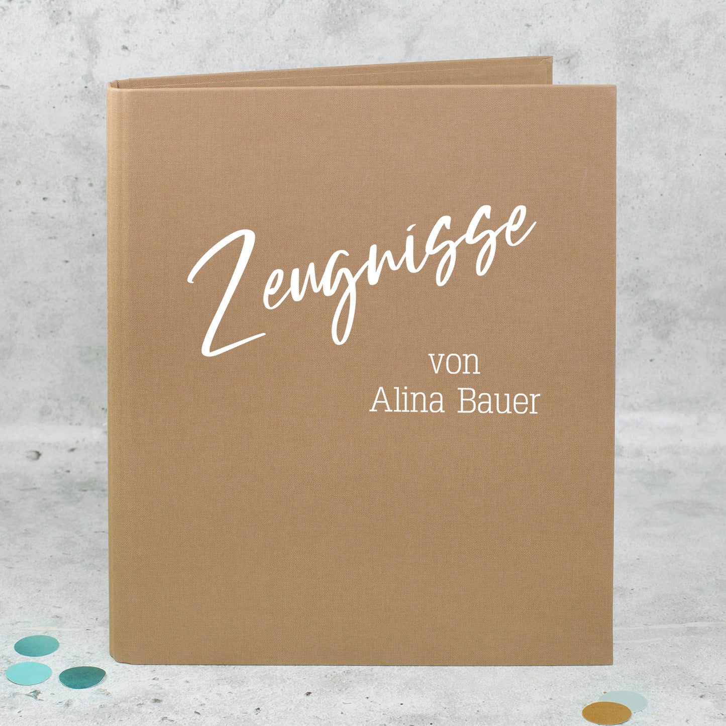 Braune Dokumentenmappe aus Leinen mit Name und zwei Wunschtextzeilen personalisiert