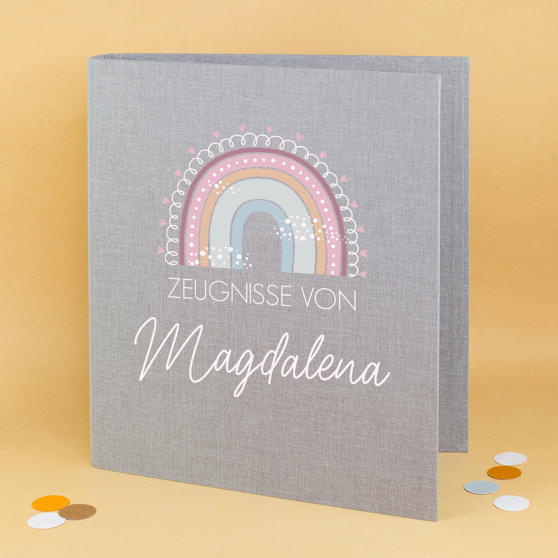Variante: Zeugnismappe aus Leinen in Grau mit Regenbogenmotiv und Name Magdalena bedruckt