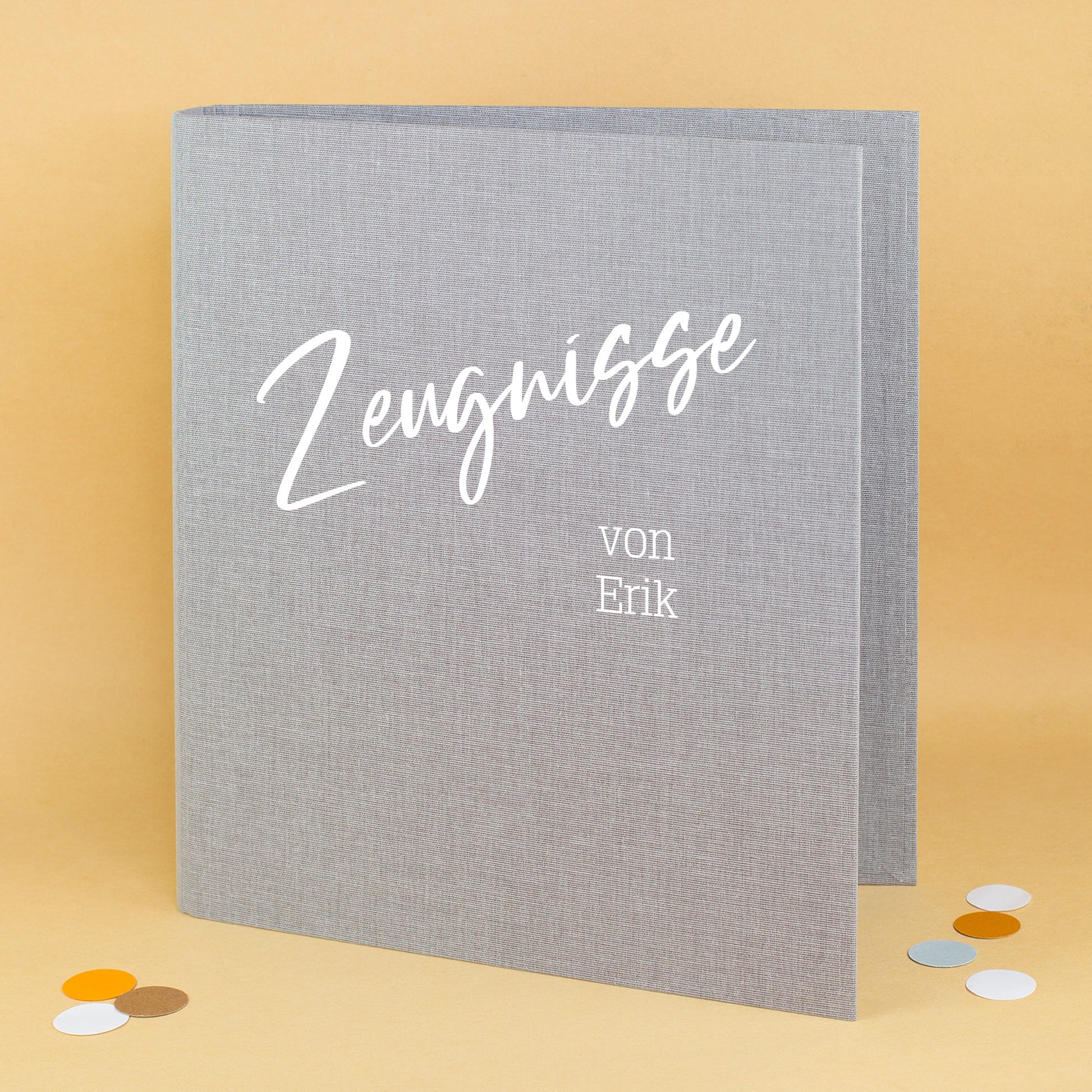 Graue Dokumentenmappe aus Leinen mit Name und zwei Wunschtextzeilen personalisiert