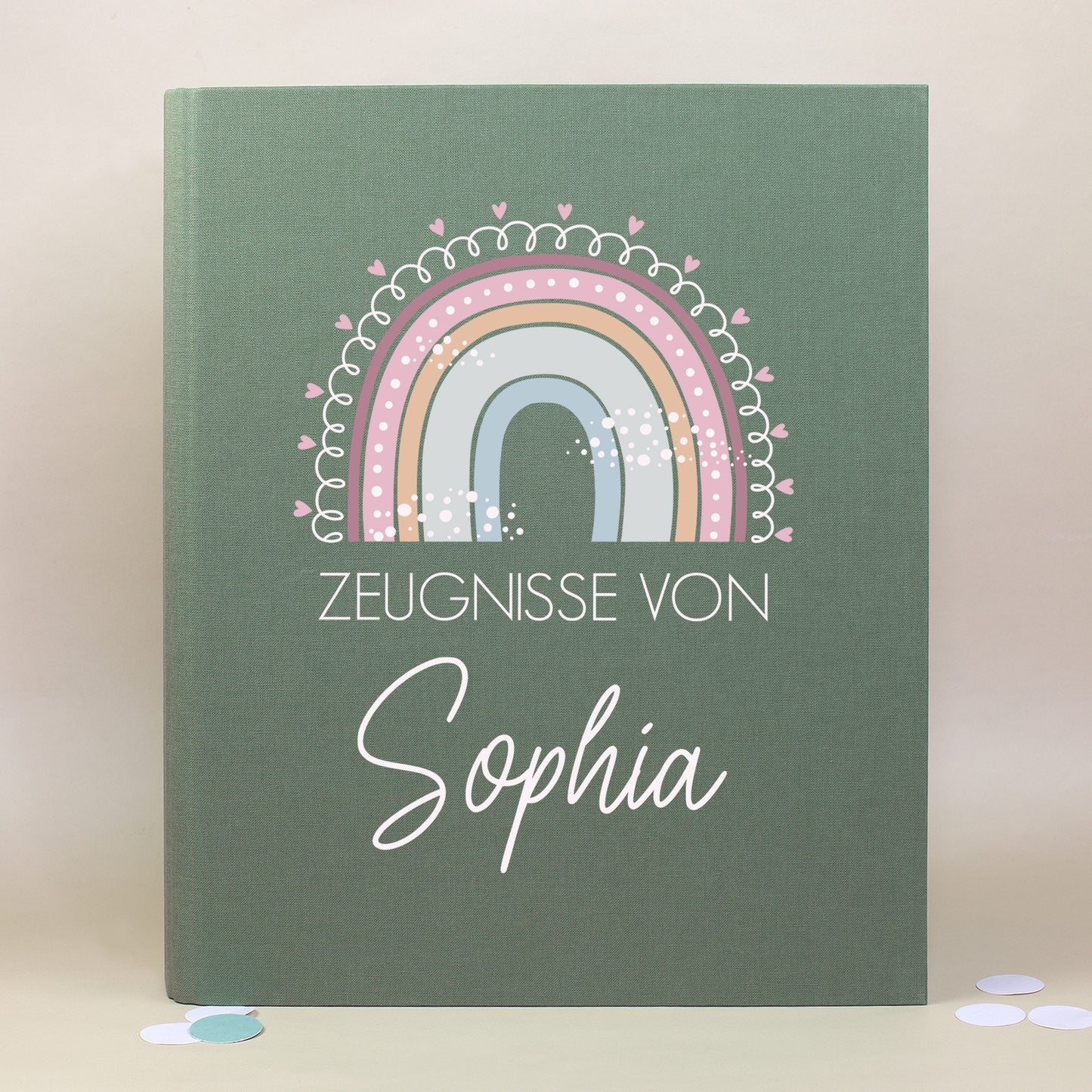 Variante: Zeugnismappe aus Leinen in Grün mit Regenbogenmotiv und Name Sophia bedruckt