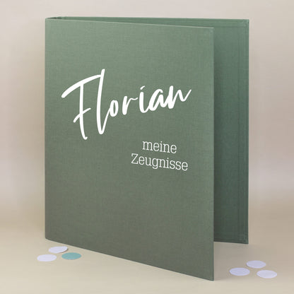 Grüne Dokumentenmappe aus Leinen, personalisiert mit Name Florian und zwei Wunschtextzeilen