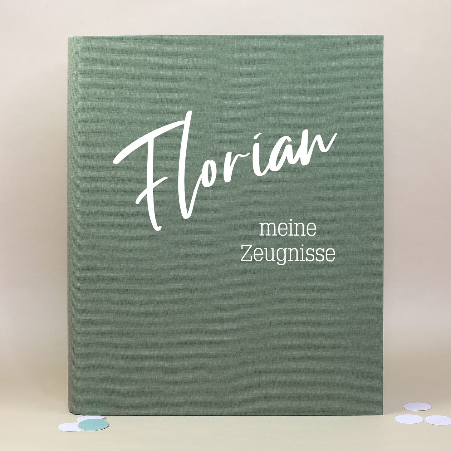 Grüne Dokumentenmappe aus Leinen mit Name und zwei Wunschtextzeilen personalisiert