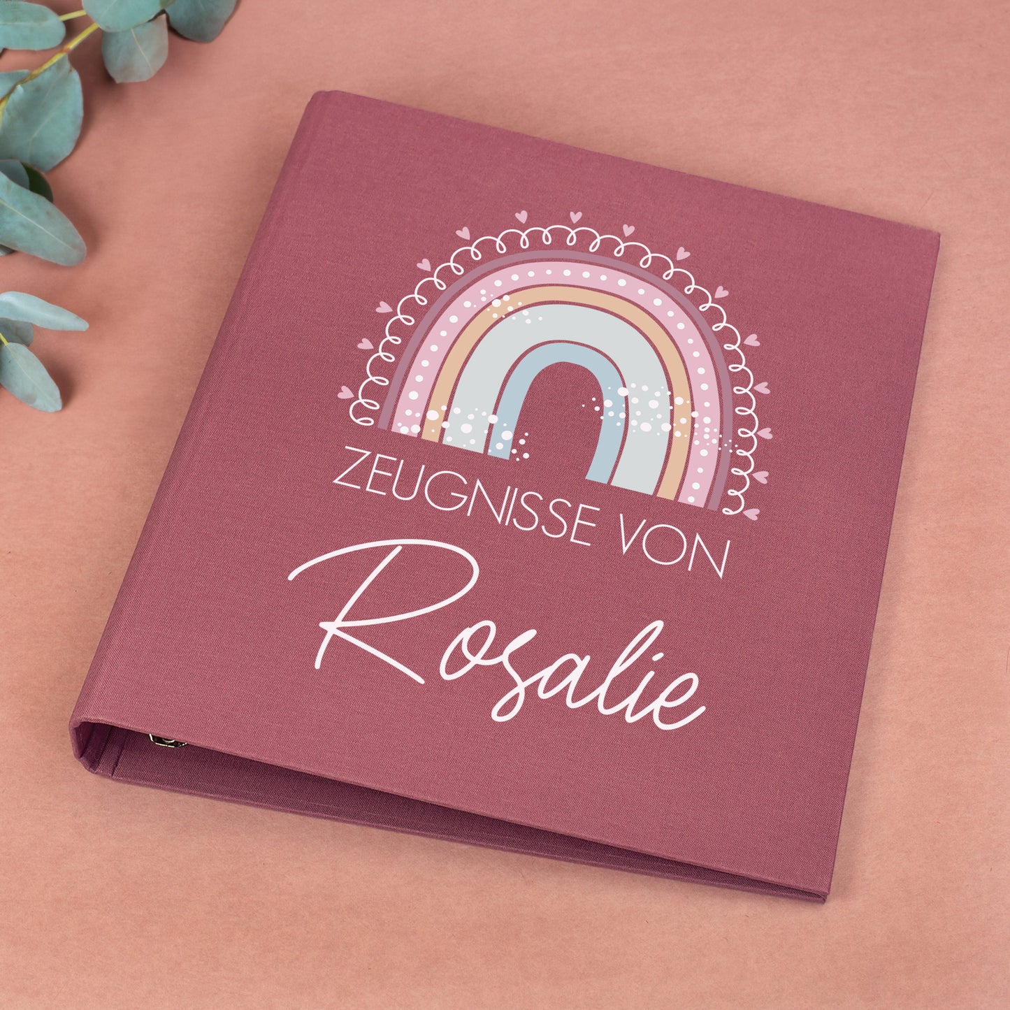 Variante: Zeugnismappe aus Leinen in Rosa mit Regenbogenmotiv und Name Rosalie bedruckt