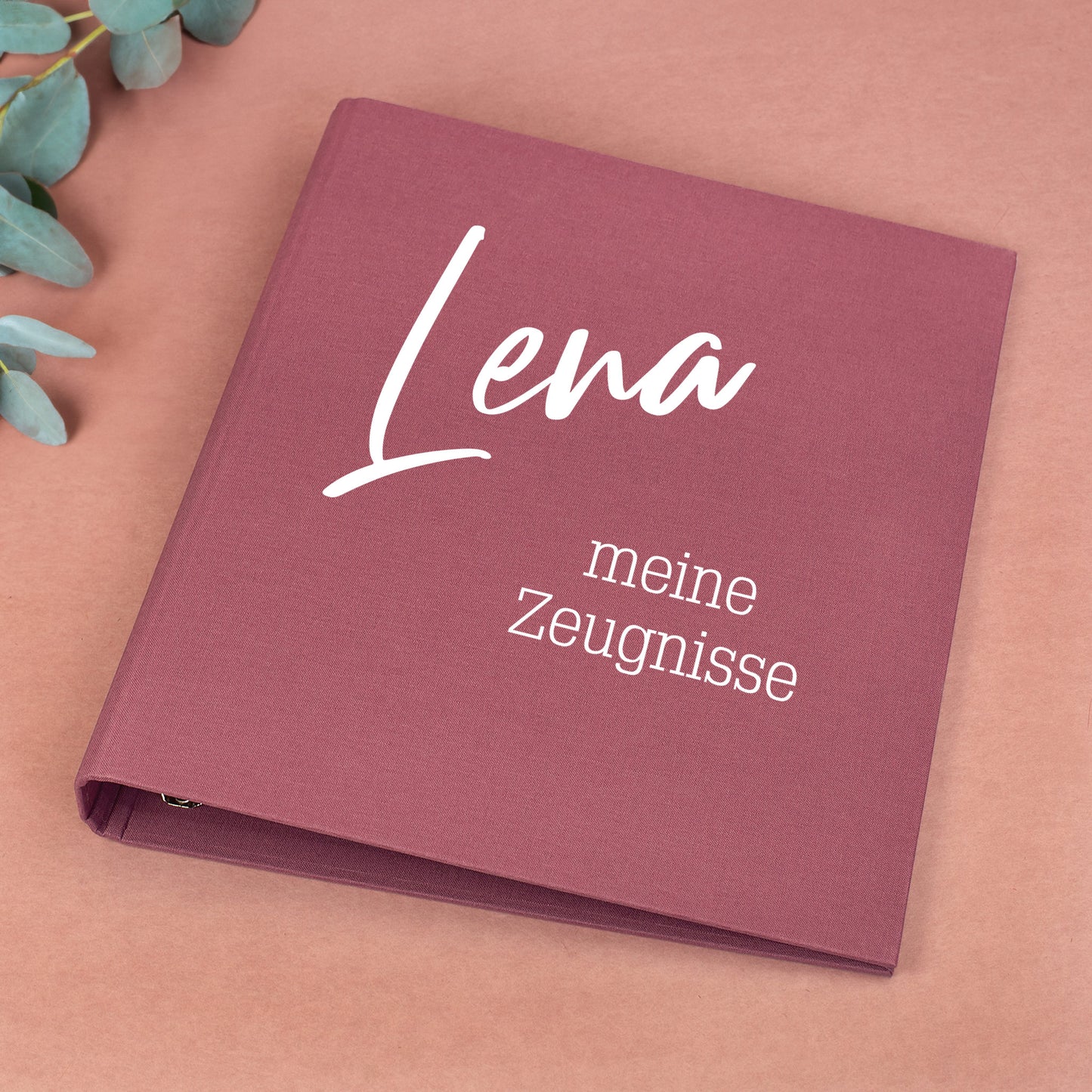 Rosa Dokumentenmappe aus Leinen mit Name und zwei Wunschtextzeilen personalisiert