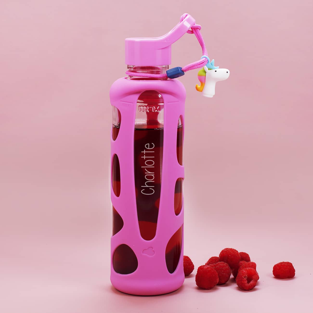 Trinkflasche für Kinder in rosa mit Einhornanhänger