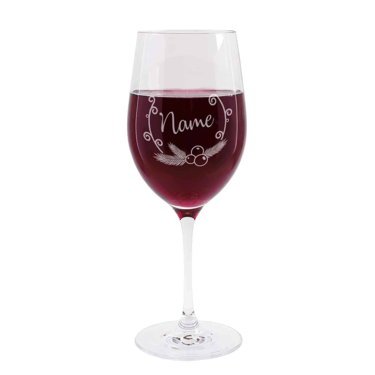 Rotweinglas mit Weihnachtskranz und Namensgravur