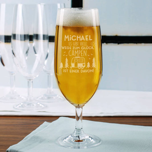 Bierglas für Camper - Es gibt viele Wege zum Glück - mit Namensgravur