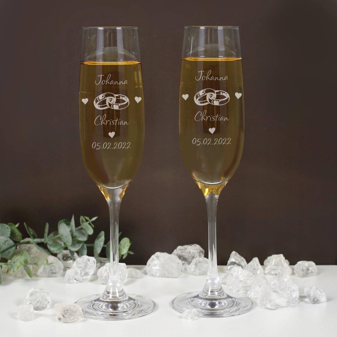 2 gravierte Leonardo Sektgläser zur Hochzeit mit Ringen