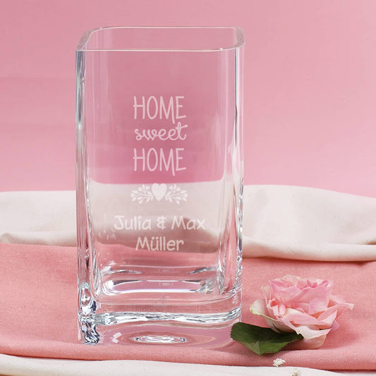 Vase Glasvase Einzug Geschenk graviert mit Home sweet Home und Namen