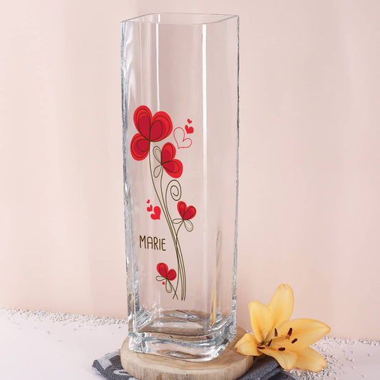 Bedruckte Glasvase mit Blumen und Wunschname