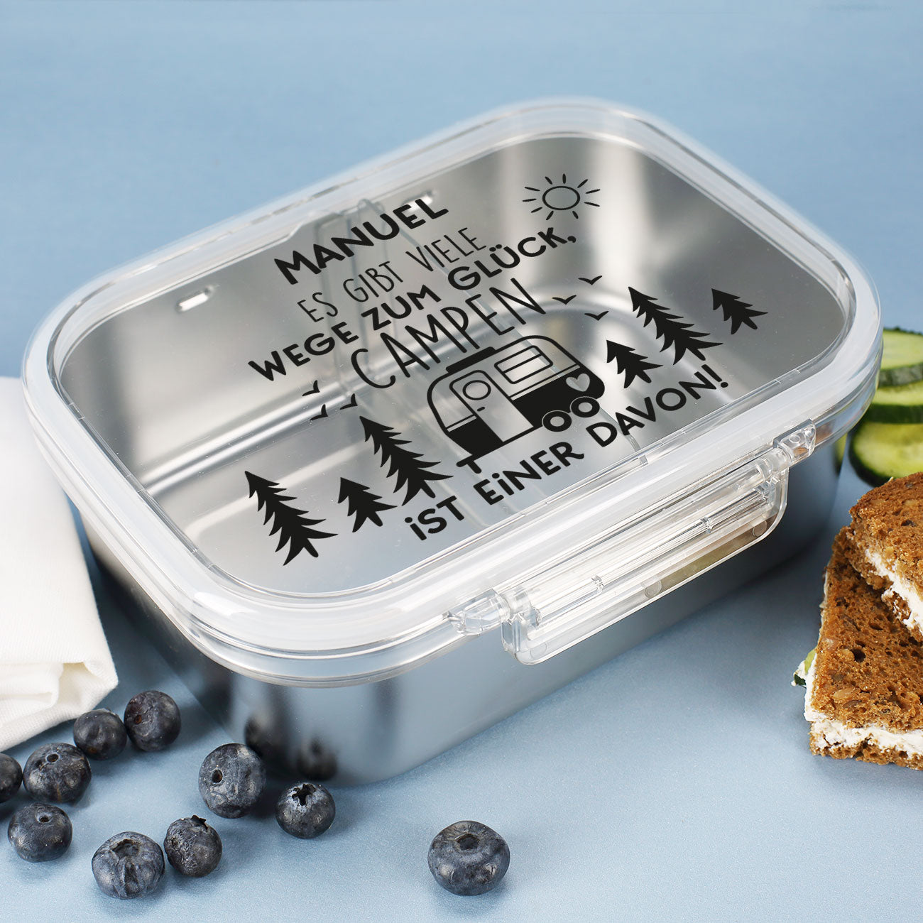 Es gibt viele Wege zum Glück, Campen ist einer davon - Brotdose aus Edelstahl mit Wunschname
