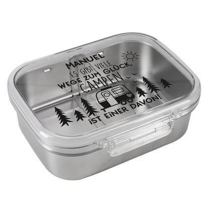 Es gibt viele Wege zum Glück, Campen ist einer davon - Brotdose aus Edelstahl mit Wunschname