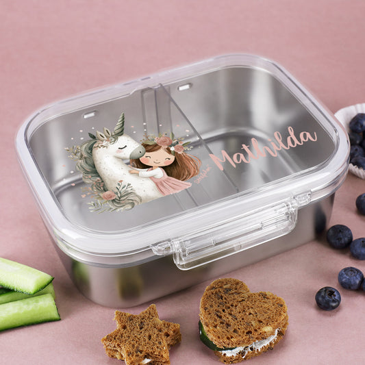 Personalisierte Edelstahl Brotdose mit niedlichem Einhorn & Name