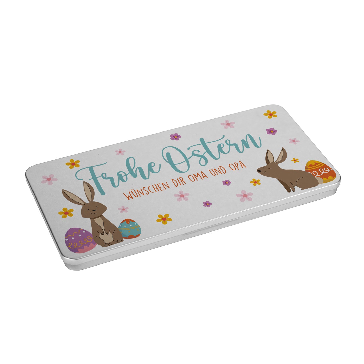 Personalisierte Osterdose aus Metall mit Hasen und bunten Ostereiern für Geld oder Gutschein Geschenk