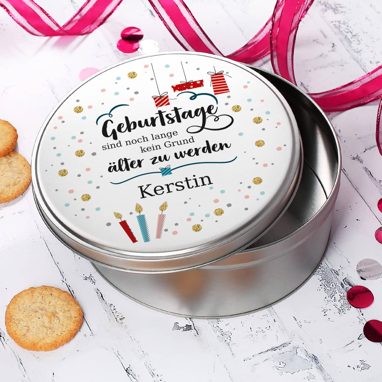Geschenkdose mit Name - Geburtstage sind kein Grund älter zu werden