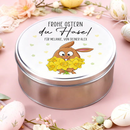 Runde Oster Geschenkdose aus Metall mit Hasenmotiv und personalisiertem Text
