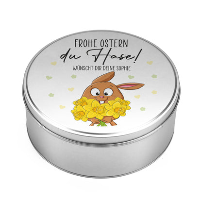 Personalisierte Keksdose aus Metall mit Osterhase und Frühlingsblumen Motiv