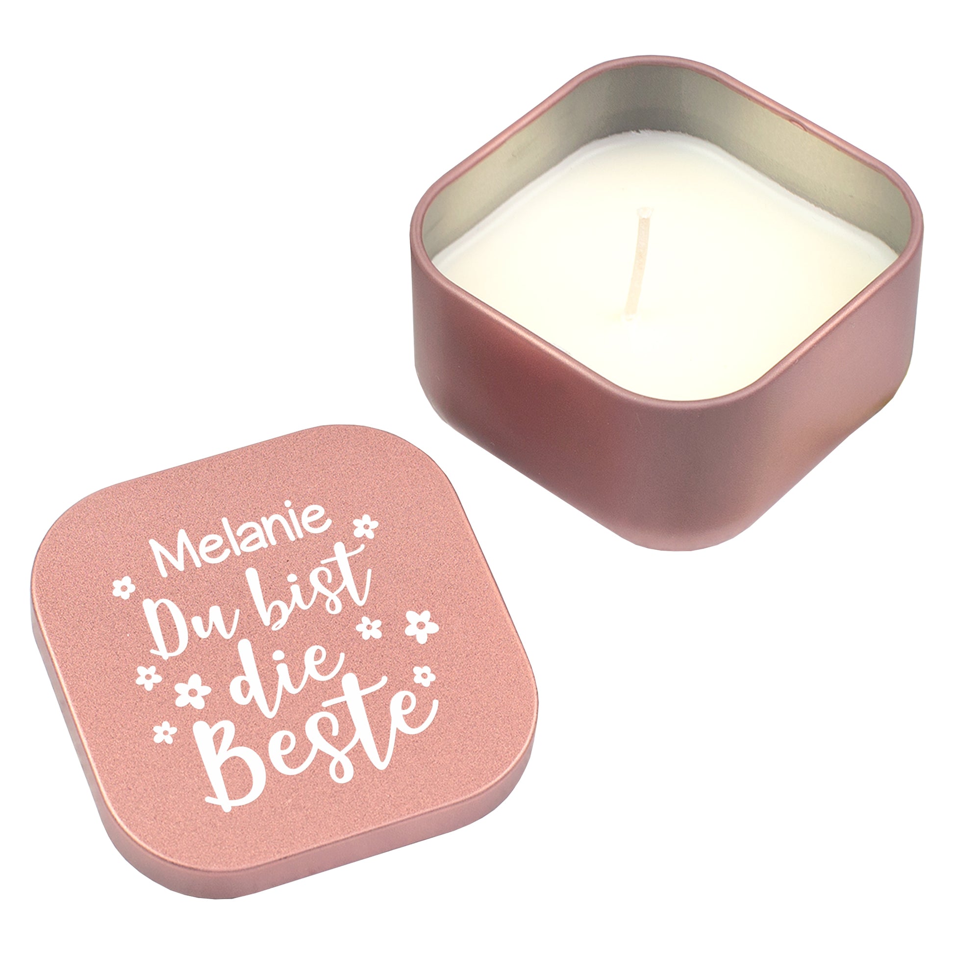 Roségoldene Duftkerze mit Vanilleduft, geöffnet mit personalisiertem Deckel „Melanie Du bist die Beste“