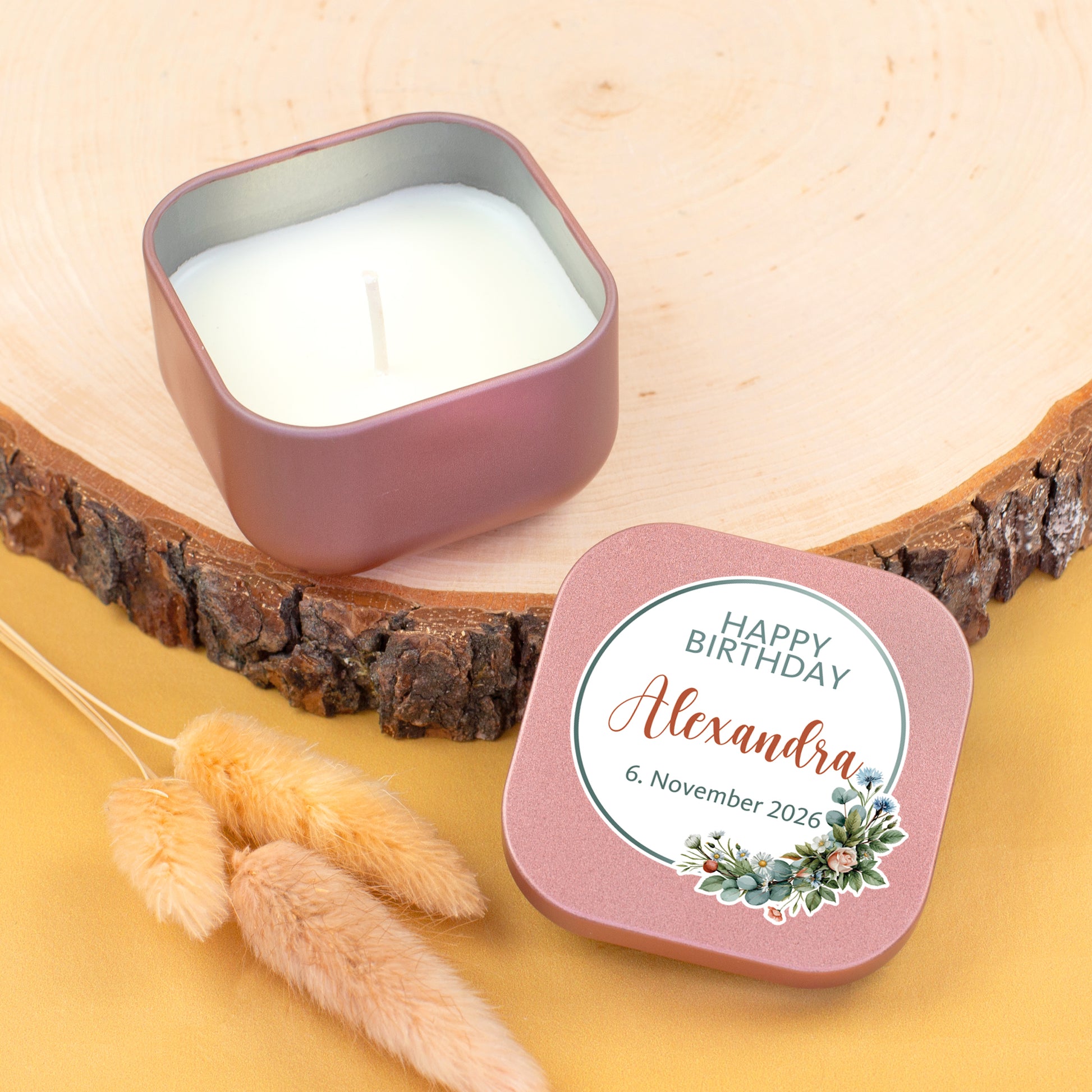 Personalisierte Mini Duftkerze in Roségold mit Name Alexandra und Wunschtext zum Geburtstag