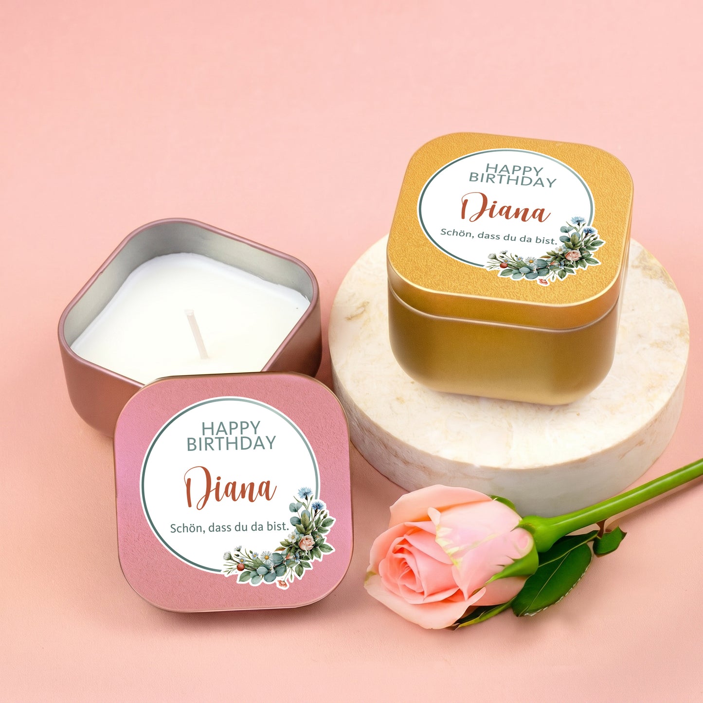Mini Duftkerzen in Gold und Roségold mit Happy-Birthday-Motiv und Personalisierung Diana