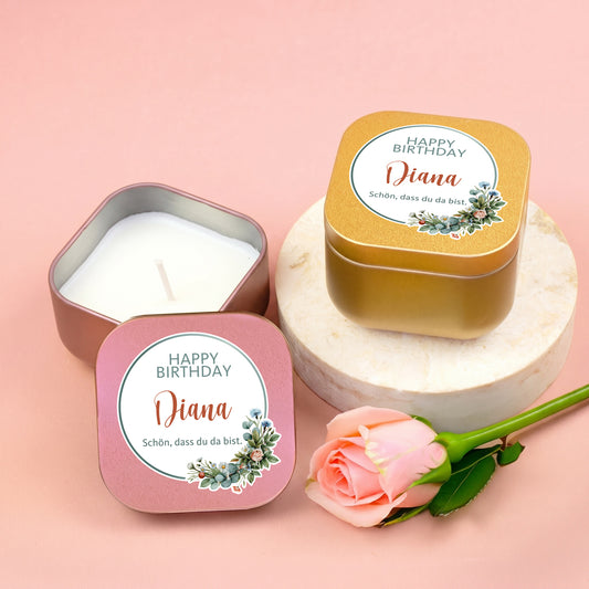 Mini Duftkerzen in Gold und Roségold mit Happy-Birthday-Motiv und Personalisierung Diana